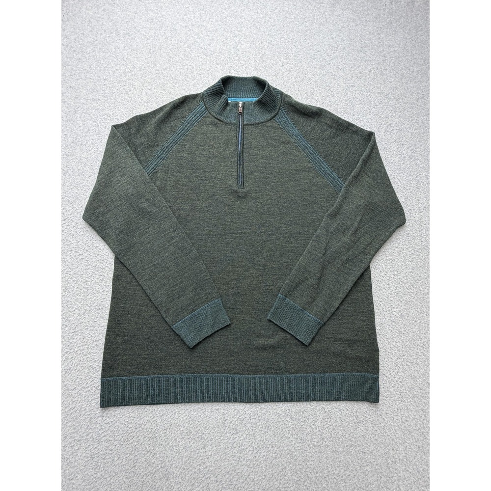 Robert Graham Sweater Mens XL Green 100% Wool 1/4 Zip Mock Neck Pullover Knit